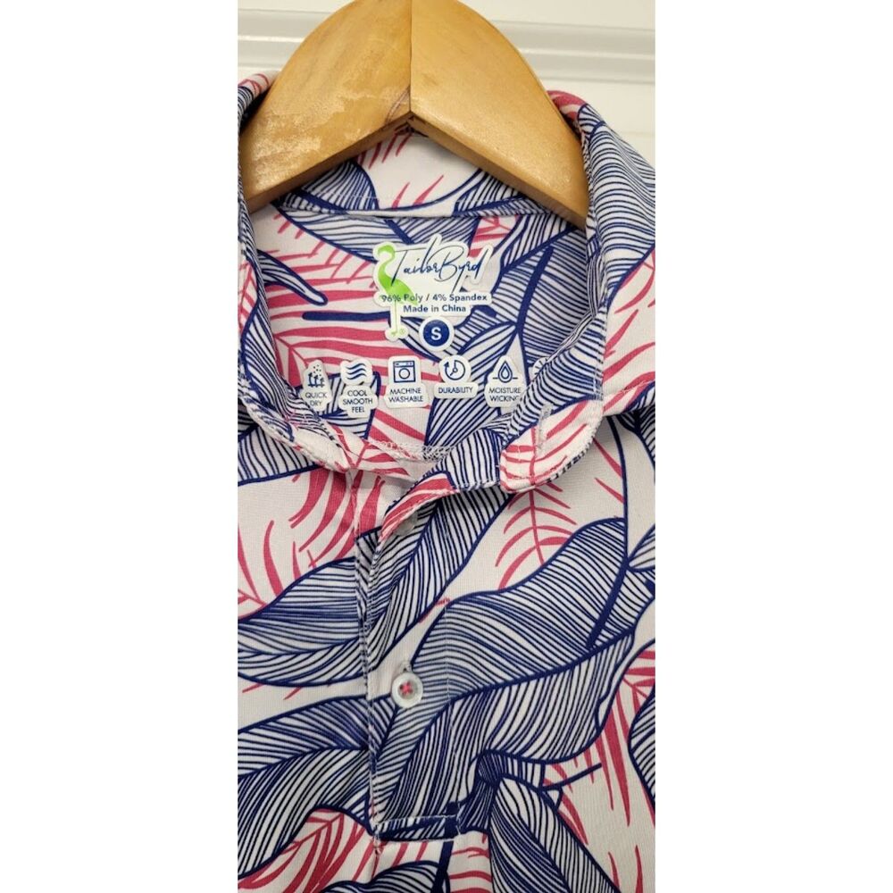 TailorByrd Tropical Leaf Performance Golf Polo Pink Blue Resort Mens Sz. S - Picture 2 of 5